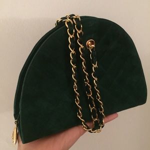 Vintage CHANEL Half Moon Green Suede Shoulder Bag